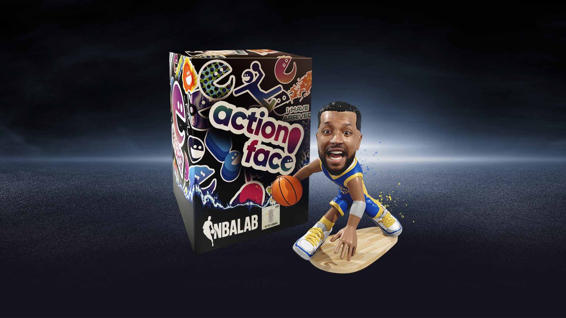 A box of basketball action figures featuring action faces