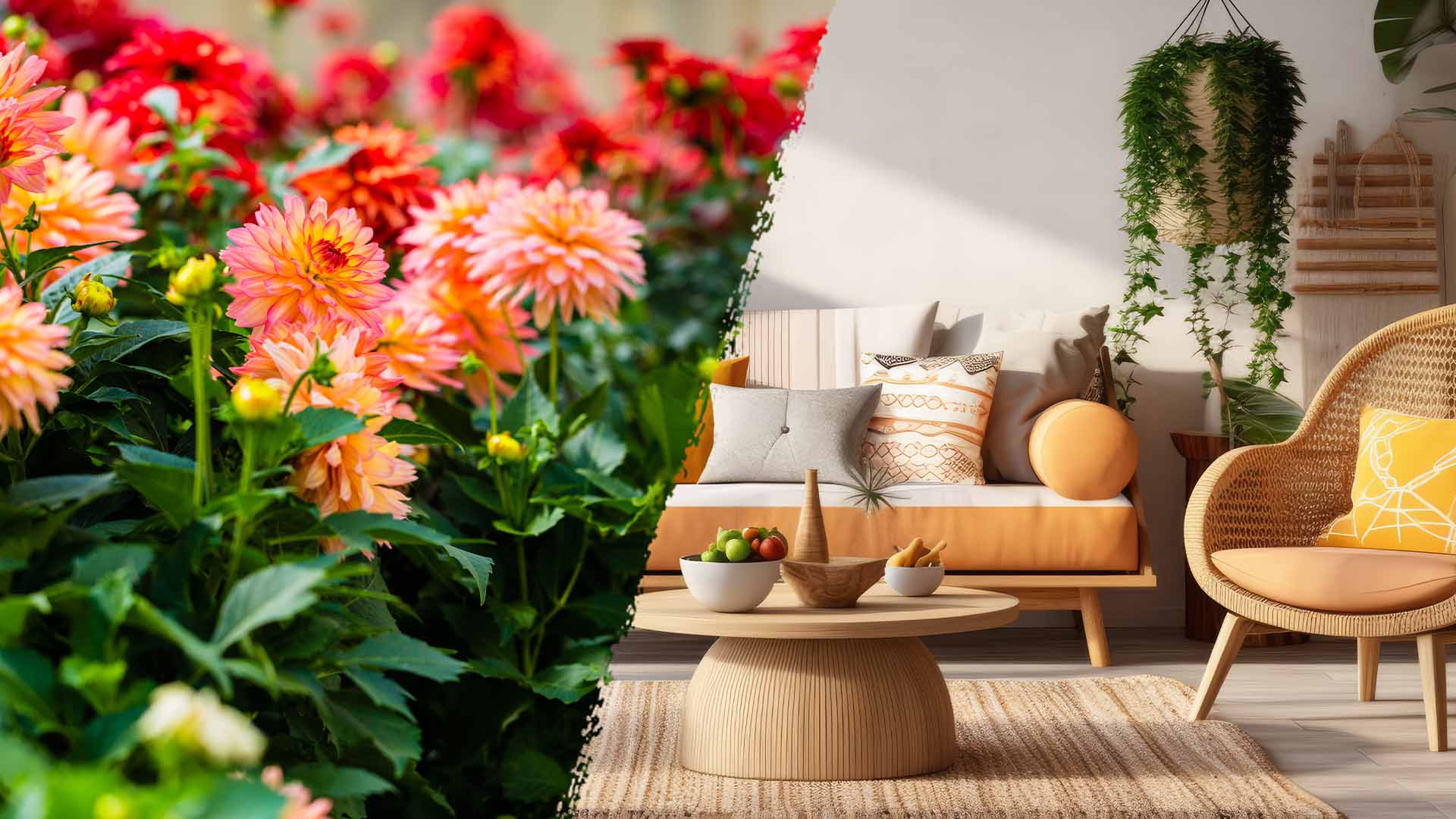 A beautifully decorated living room with an abundance of furniture and vibrant flowers