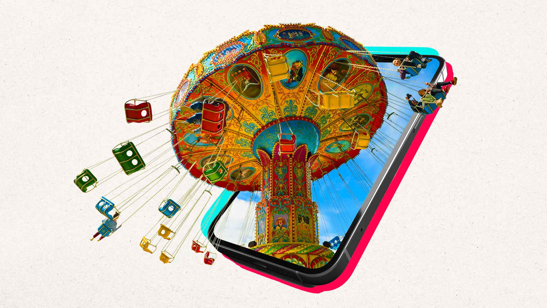 A collage with a carnival ride coming out of a mobile phone