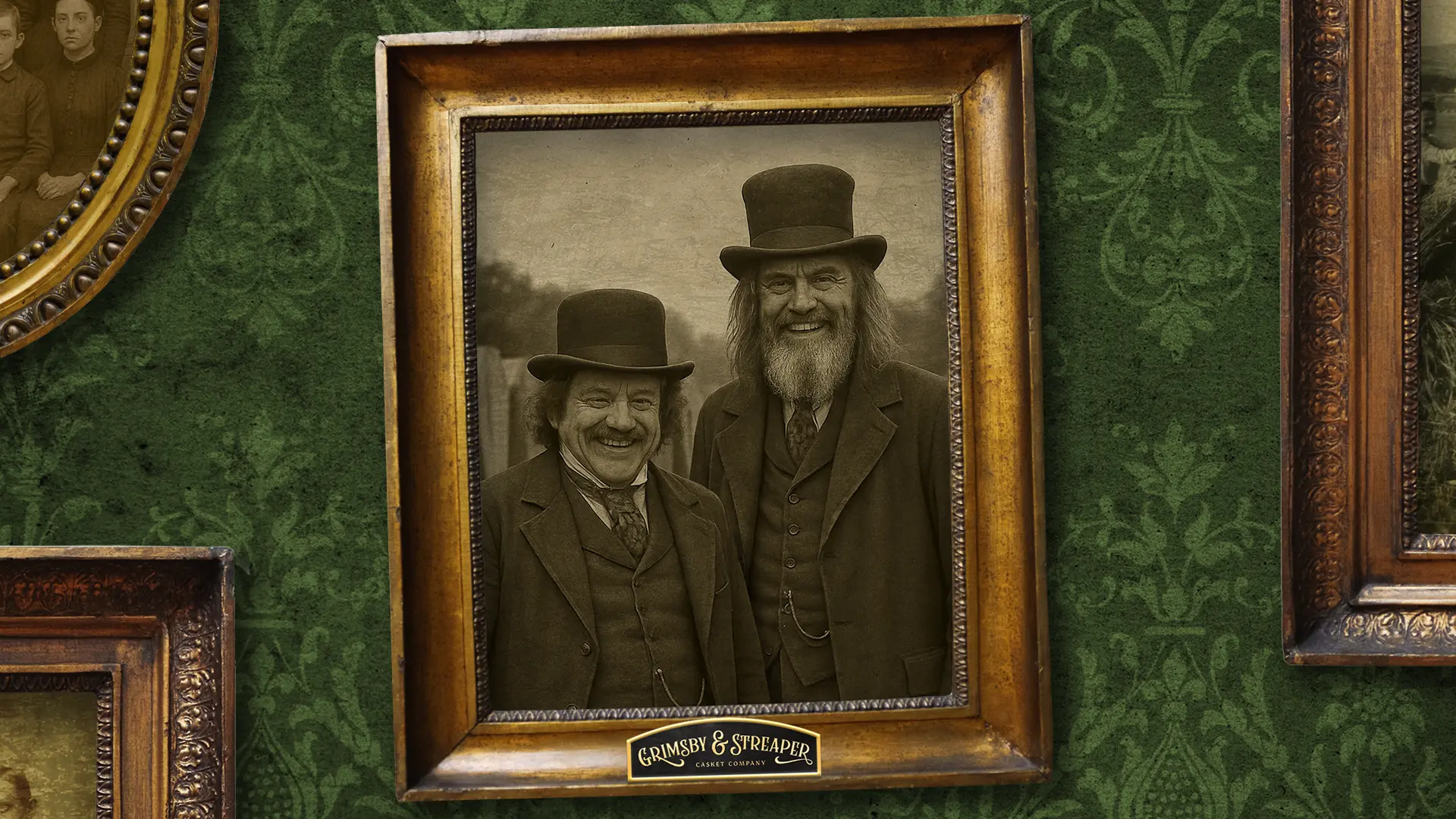 Large framed portrait of two Victorian-era men in top hats hanging on a green patterned wall, shown alongside other antique frames in a gallery-style layout.